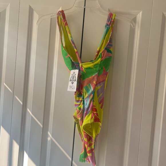 NWT Becca Women's Multicolor Neon Yellow Floral Print One Piece Swimsuit, Small - Picture 7 of 8